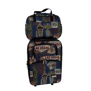 Vintage Isaka Las Vegas Tapestry 2 Piece Luggage Set Rolling Suitcase Travel Bag